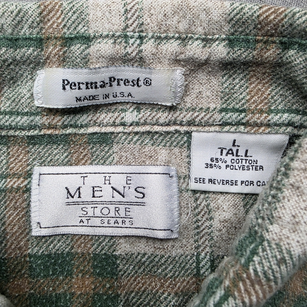 Sears Vintage Perma Prest Men's Plaid Long Sleeve Shirt Button Up Green Made USA